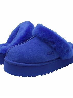 UGG Disquette Platform Sheepskin & Suede Slippers in Cobalt Blue Size 11